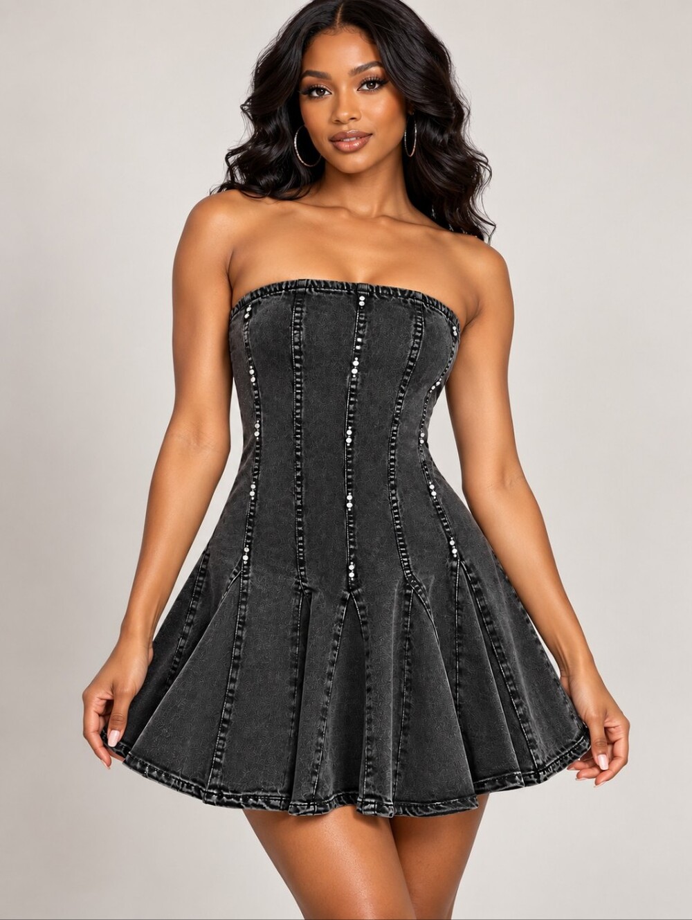 Wild Fable Black Denim Strapless Pleated Mini A-Line Dress - NWT